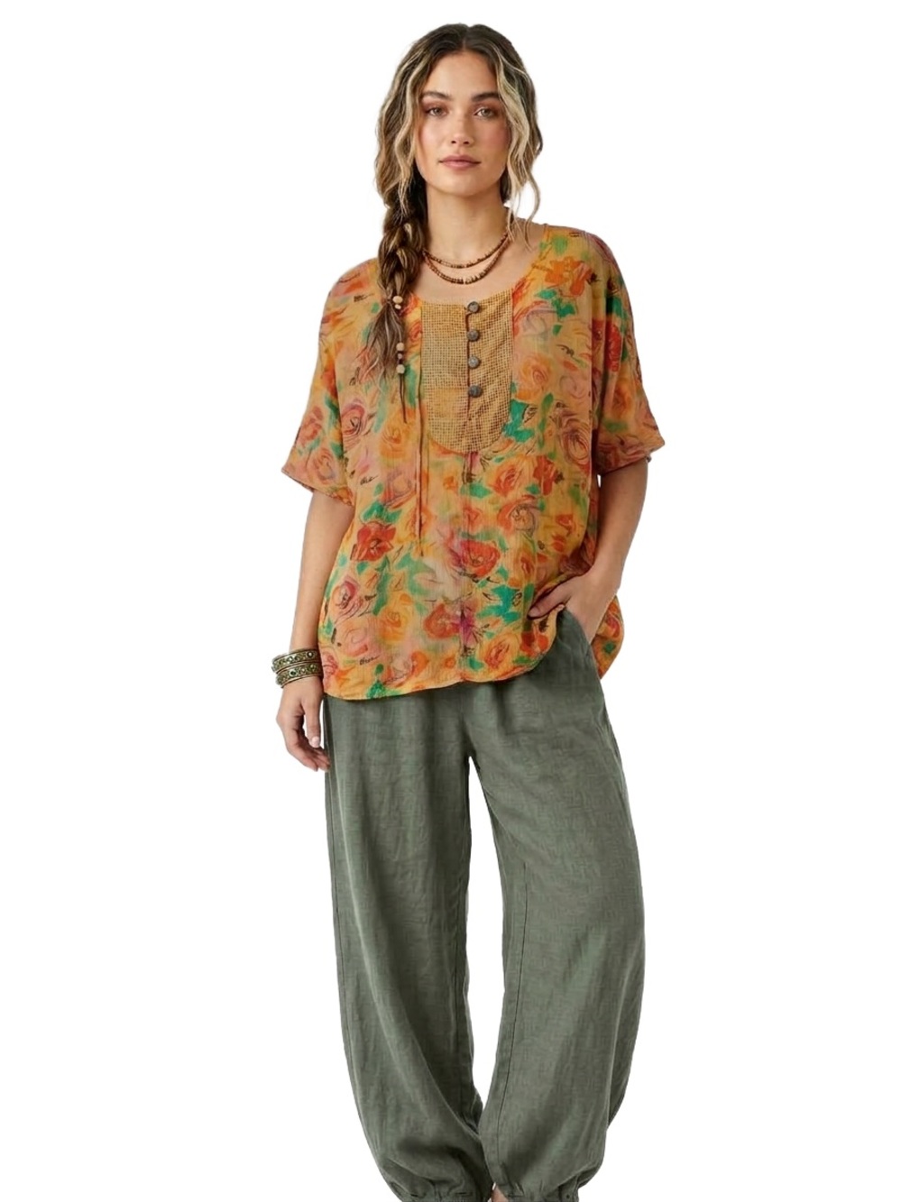 Vintage URU Hand Dyed Rayon Blouse OS Lagenlook Flowy Floral Gingham Plaid Boho